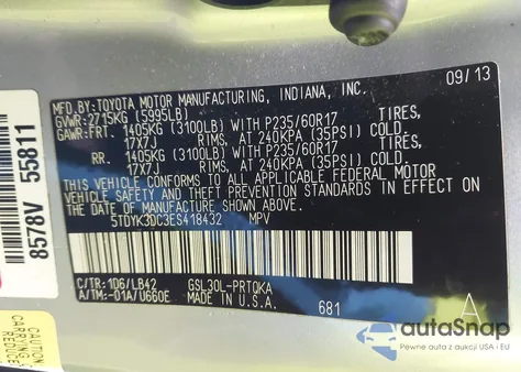 2014 Toyota Sienna Xle V6 8 Passenger from USA, damaged, VIN 5TDYK3DC3ES418432